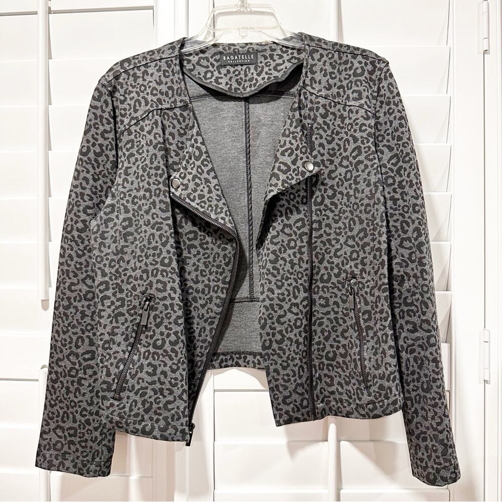 Bagatelle Collection Leopard Print Moto Jacket Gray Black Size Medium Stretchy